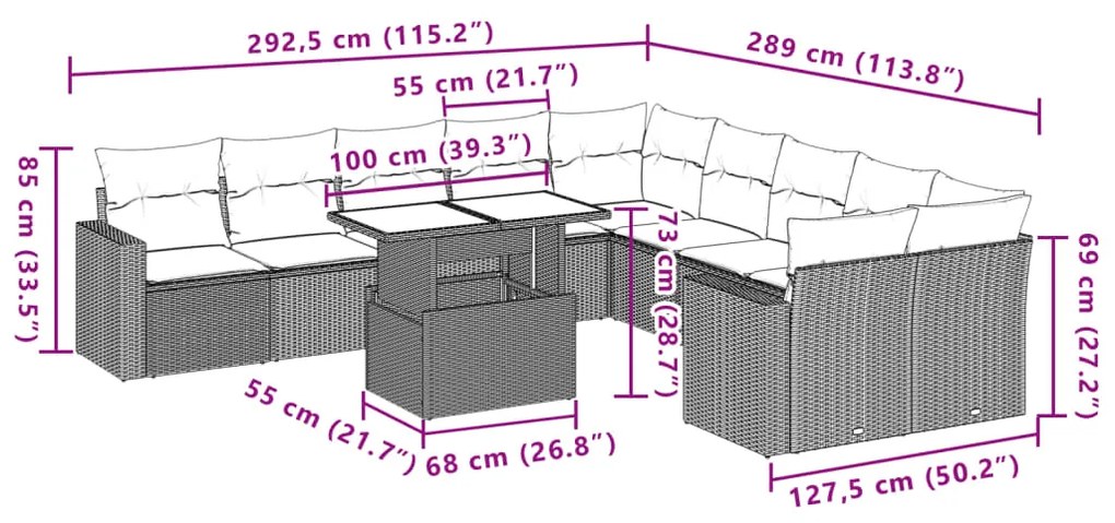 11 pcs conjunto sofás de jardim c/ almofadões vime PE cinzento