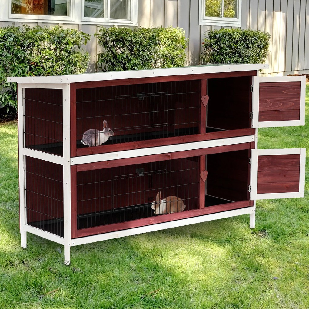 Coelheira de Madeira Exterior de 2 Níveis Gaiola para Coelhos com Teto Asfáltico 4 Portas e Bandejas Removíveis 136x50x93cm Marrom Avermelhado