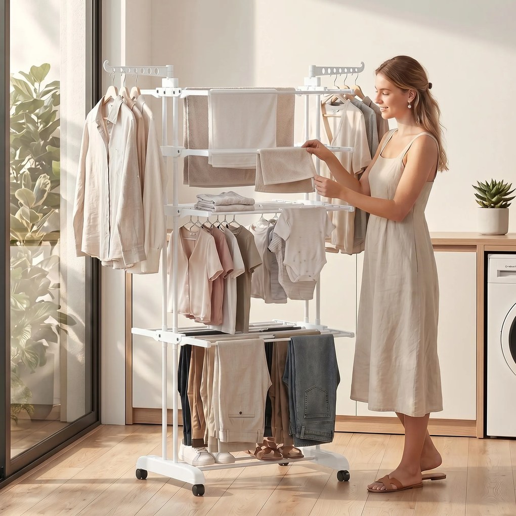 Estendal de roupa dobrável de 5 níveis com Rodas, estendal de roupa para interior com abas laterais, estrutura em aço, branco