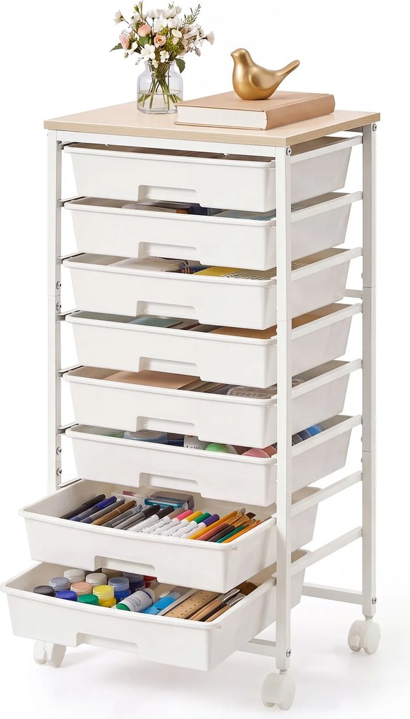 Carrinho com gavetas, 8 níveis, 39,5 x 28,5 x 76,5 cm Branco