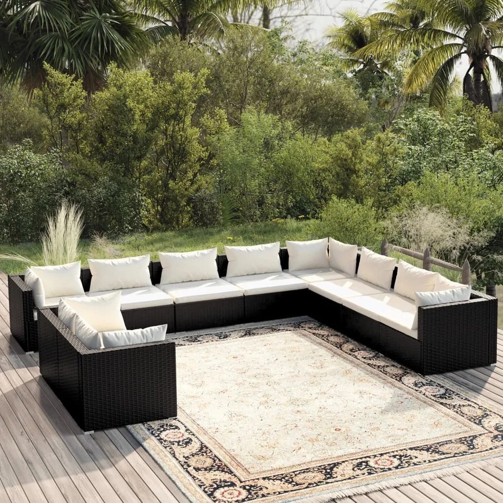 vidaXL 10 pcs conjunto lounge de jardim c/ almofadões vime PE preto