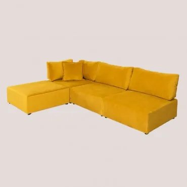 Sofá Modular de Esquina de 3 Peças com Puff em Veludo Kata Mostaza - Sklum