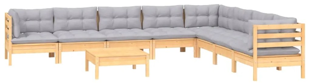 9 pcs conjunto lounge de jardim + almofadões cinza pinho maciço