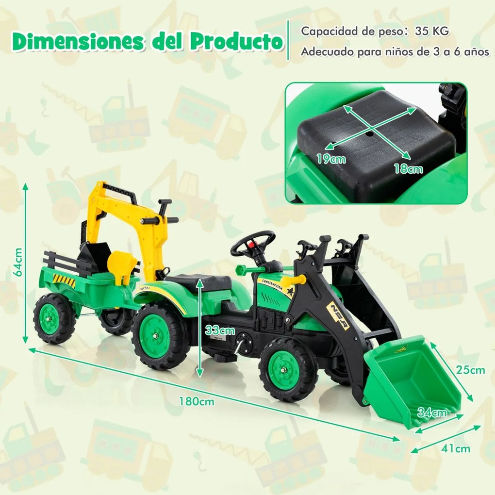 Trator infantil com reboque de carga removível de pedais de 6 rodas para crianças de 3 a 6 anos Verde
