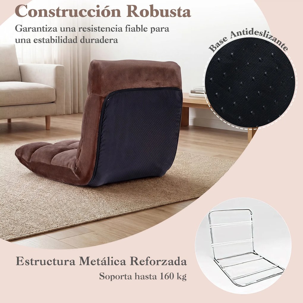Sofá de chão dobrável 60 x 49,5 x 51 cm com encosto de 14 posições e enchimento de espuma macia para meditação, leitura e yoga Castanho