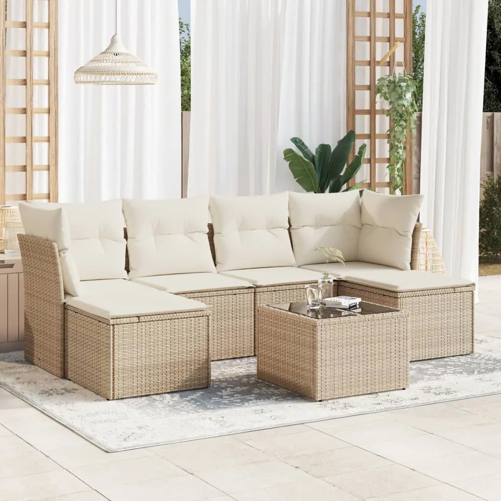 7 pcs conjunto de sofás p/ jardim com almofadões vime PE bege