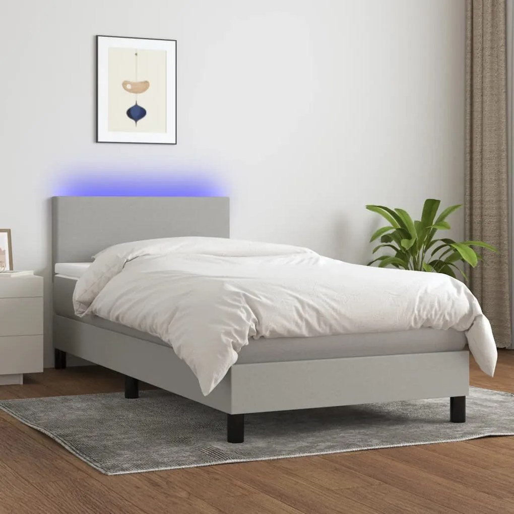 Cama box spring c/ colchão e LED 90x190 cm tecido cinza-claro