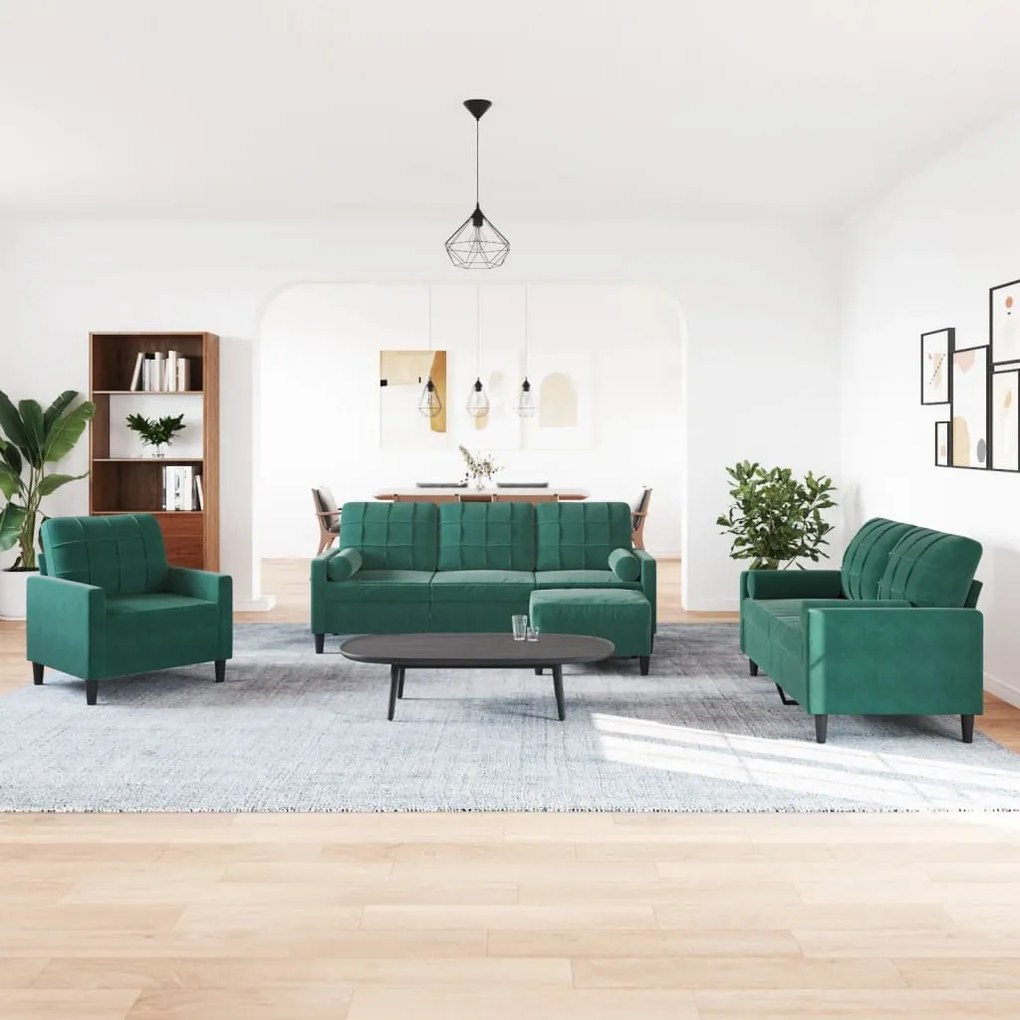 4 pcs conjunto sofás com almofadões e rolos veludo verde-escuro