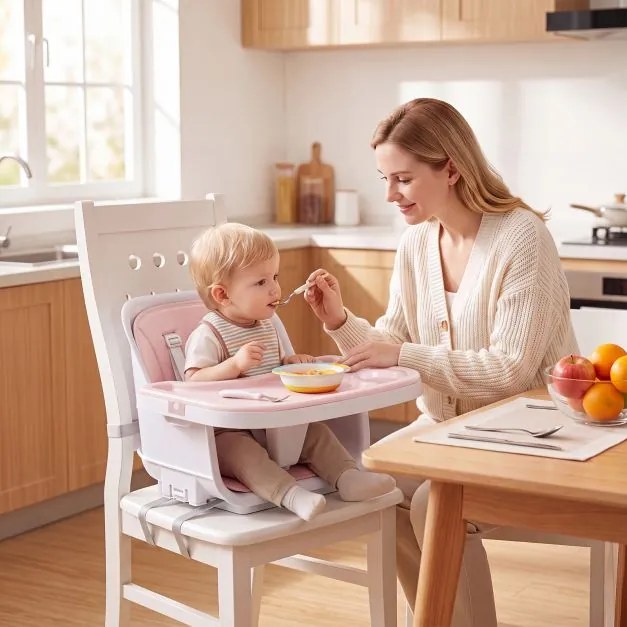 Cadeira de Alimentação Evolutiva 4 em 1, 71 x 58 x 93 cm, Bandeja Dupla Ajustável, Cor-de-rosa