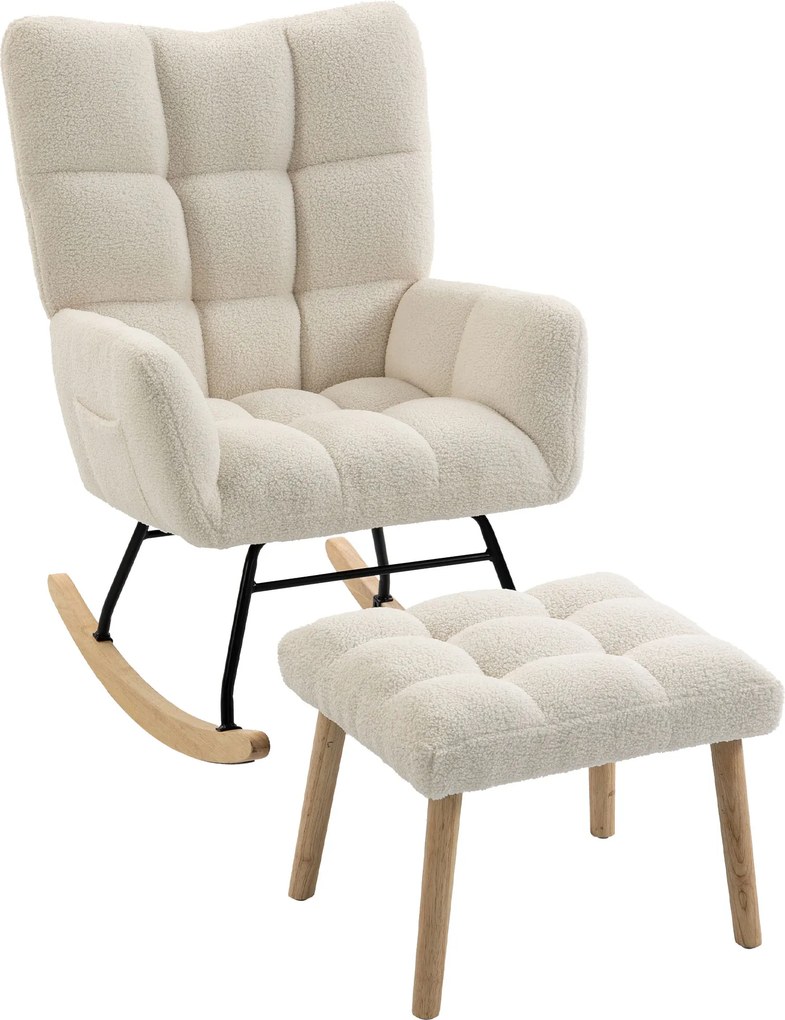 HOMCOM Cadeira de Balanço em Sherpa com Apoia-pés, Bolsos Laterais, Assento Grosso, Design Acolchoado, Creme | Aosom Portugal