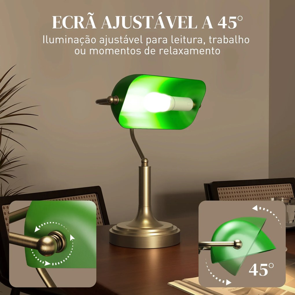 Candeeiro de Mesa Banqueiro Candeeiro de Mesa Vintage E27 com Ecrã Orientável a 45° 26,8x22x39,5 cm Verde