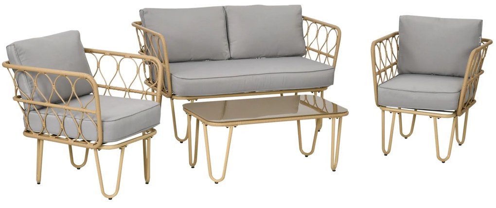 Conjunto de Jardim de 4 Peças em Vime Sintético com 2 Poltronas 1 Sofá