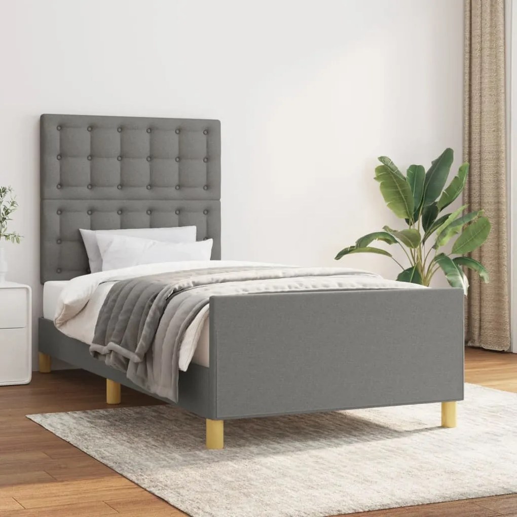 3125342 vidaXL Estrutura de cama c/ cabeceira tecido 90x190 cm cinza-escuro