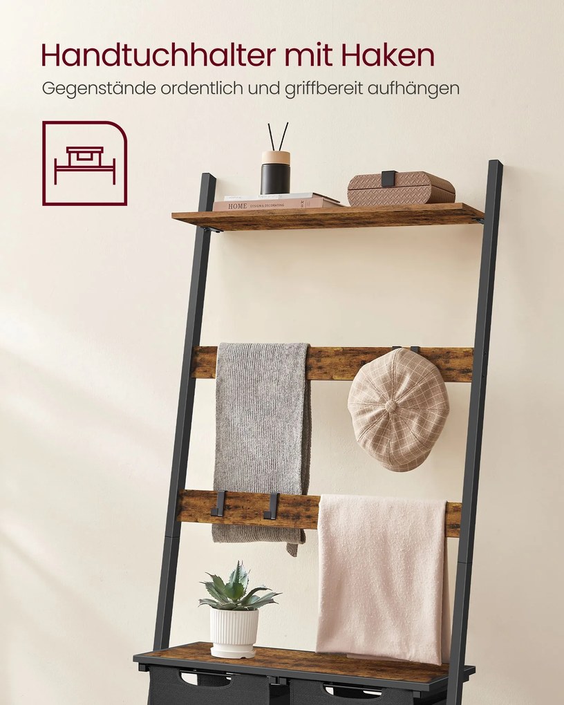 Armario casa de banho com Cesto para roupa suja e escada para toalhas 73 x 33 x 177 cm castanho vintage e preto