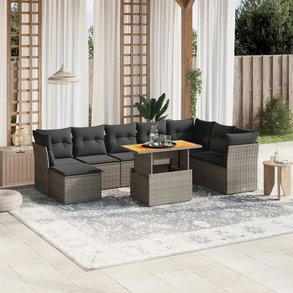 9 pcs conjunto sofás p/ jardim com almofadões vime PE cinzento