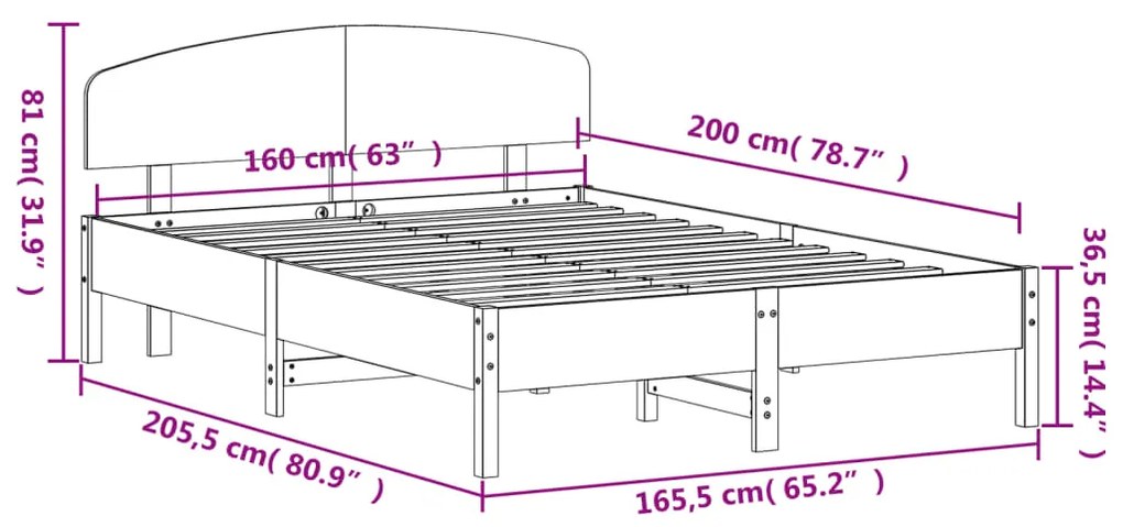 Estrutura de cama com cabeceira 160x200 cm pinho maciço