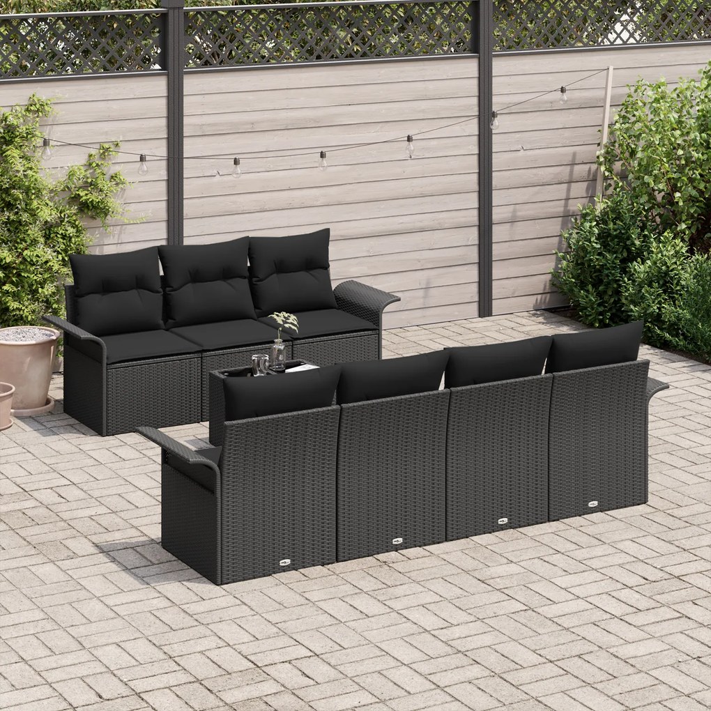 Conjunto de Sofá Jardim vidaXL de 8 Peças com Almofadas Preto Vime Pol