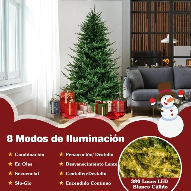 Árvore de Natal Artificial com 380 Luzes LED Brancas Quentes e 8 Modos de Luz 135 x 55 x 213 cm Verde