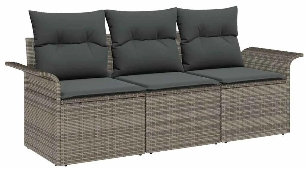 Conjunto de Sofá de Jardim de 3 Peças com Almofadas Cinza Rattan Polim