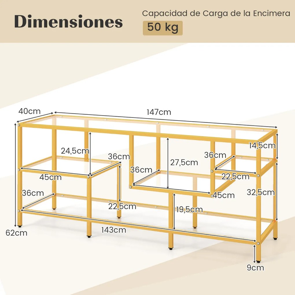 Móvel para TV até 65'' Retangular 147 x 40 x 62 cm ou Mesa apoio com Estantes de Vidro Temperado Centro de Entretenimento para Sala de Estar Dourada