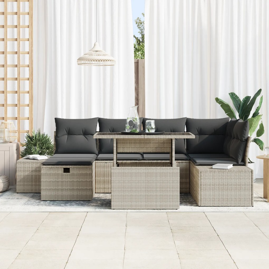Conjunto de Sofá de Jardim de 7 Peças com Almofadas Cinzento-Claro Vim