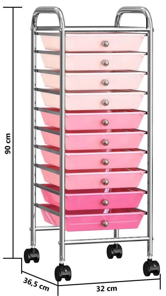 Carrinho de arrumação móvel c/ 10 gavetas plástico degradê rosa