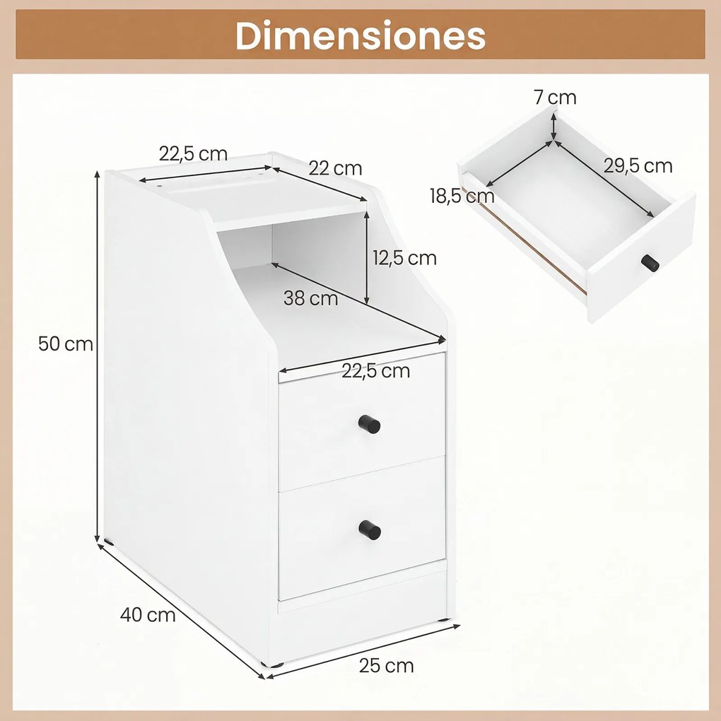 Mesa de Cabeceira, 40 x 25 x 50 cm, Estação de Carregamento Integrada, Branco