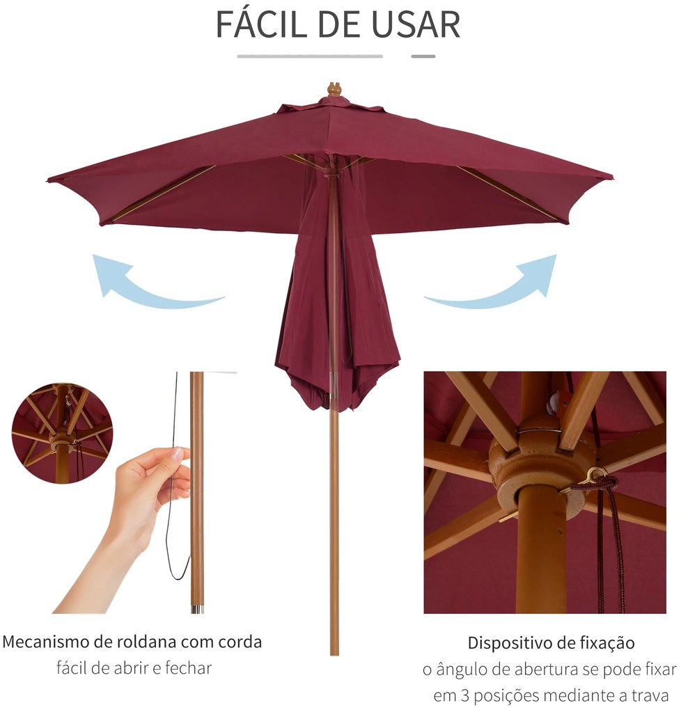 Chapéu de Sol Ø250x230cm Chapéu de Sol com Mastro de Madeira com 6 has