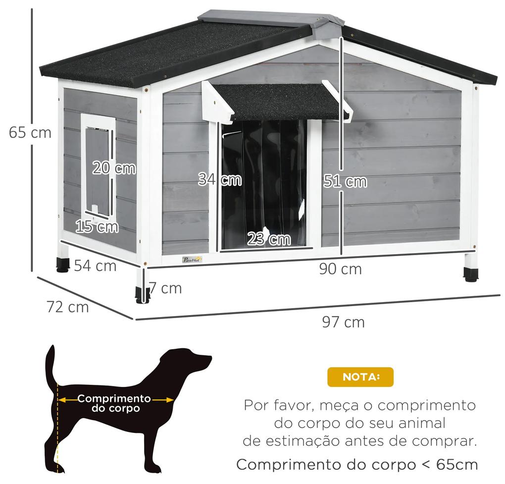Casota para Cães de Madeira Casa para Animais de Estimação com Teto Asfáltico 2 Janelas Porta com Cortina 97x72x65 cm Cinza