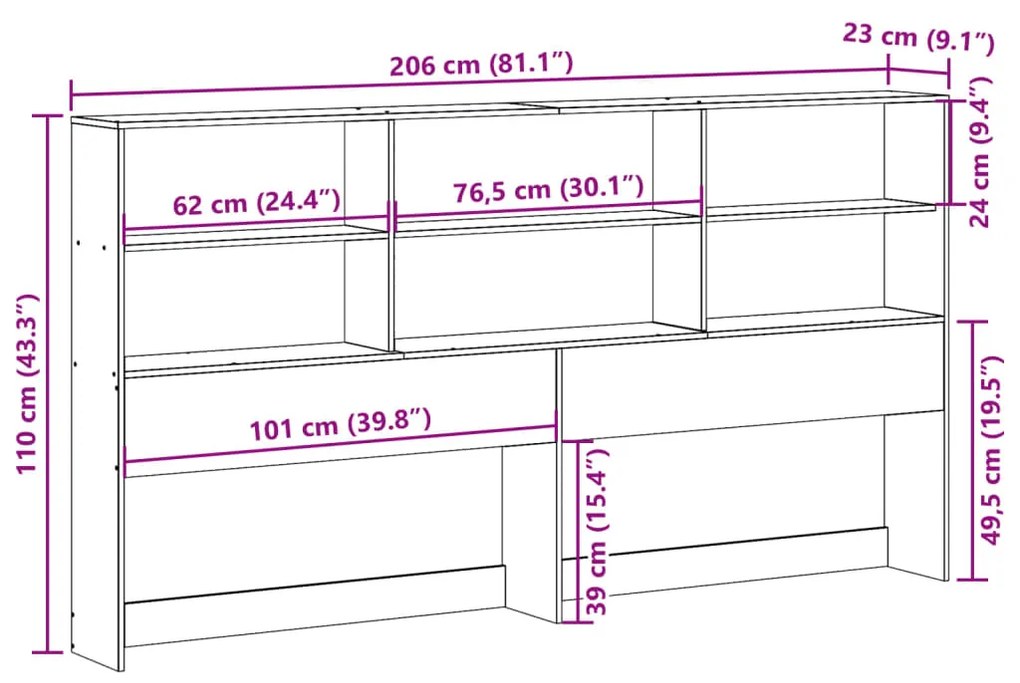 Cabeceira com arrumação 200 cm pinho maciço castanho-mel