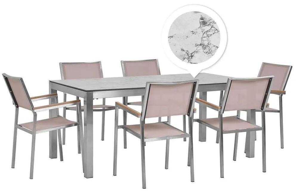 Conjunto de mesa com tampo efeito mármore 180 x 90 cm e 6 cadeiras creme GROSSETO Beliani
