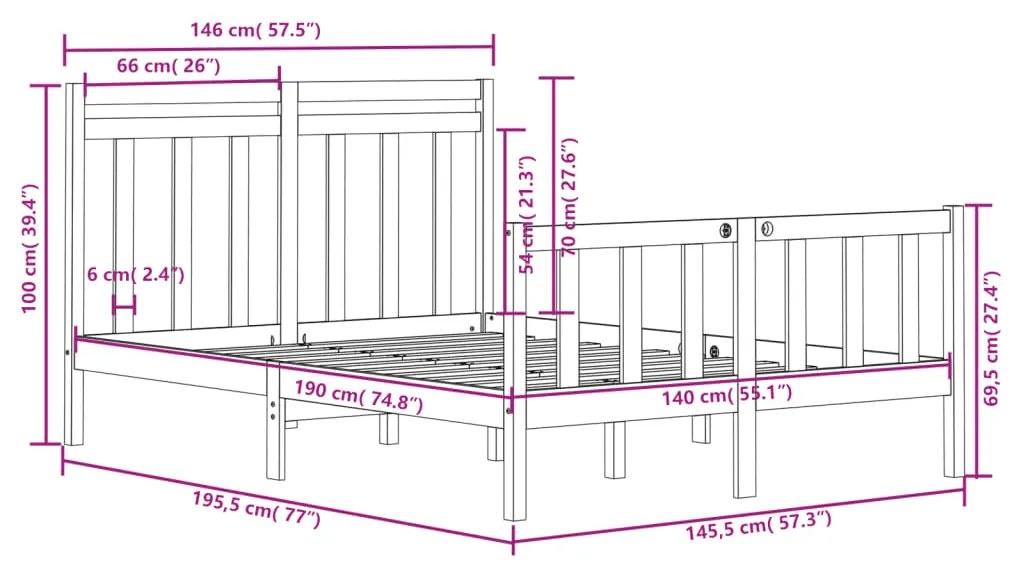 Estrutura de cama 140x190 cm madeira maciça