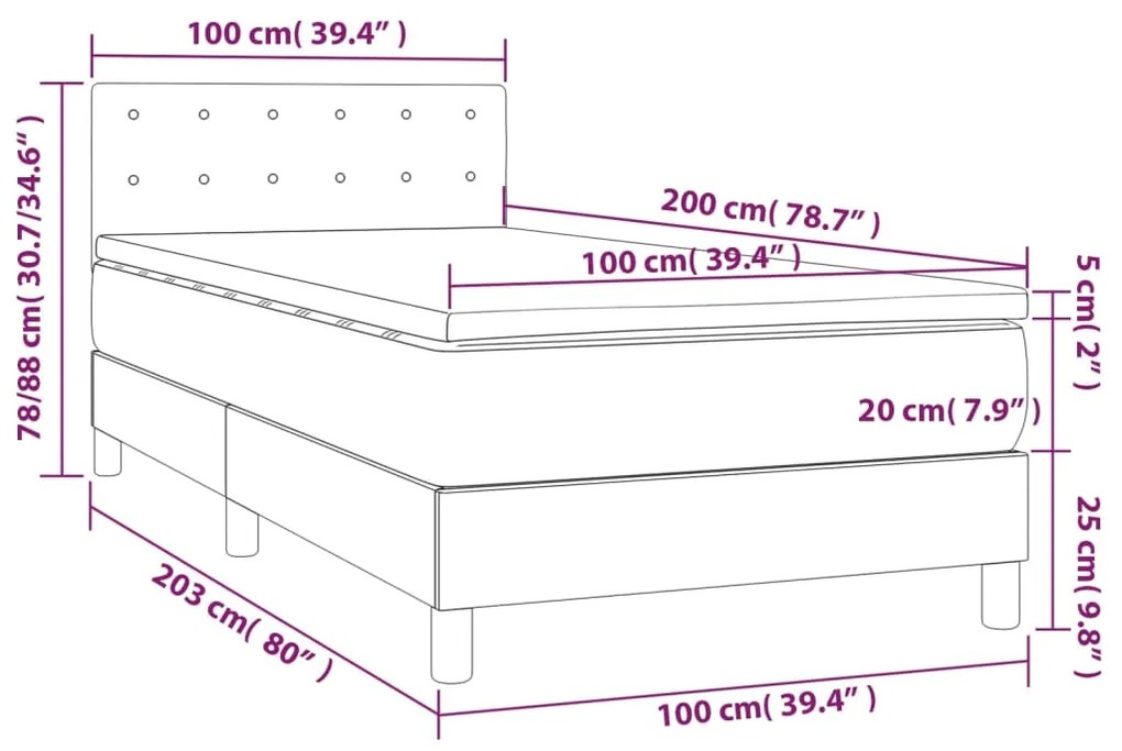 Cama box spring c/ colchão/LED 100x200 cm veludo rosa