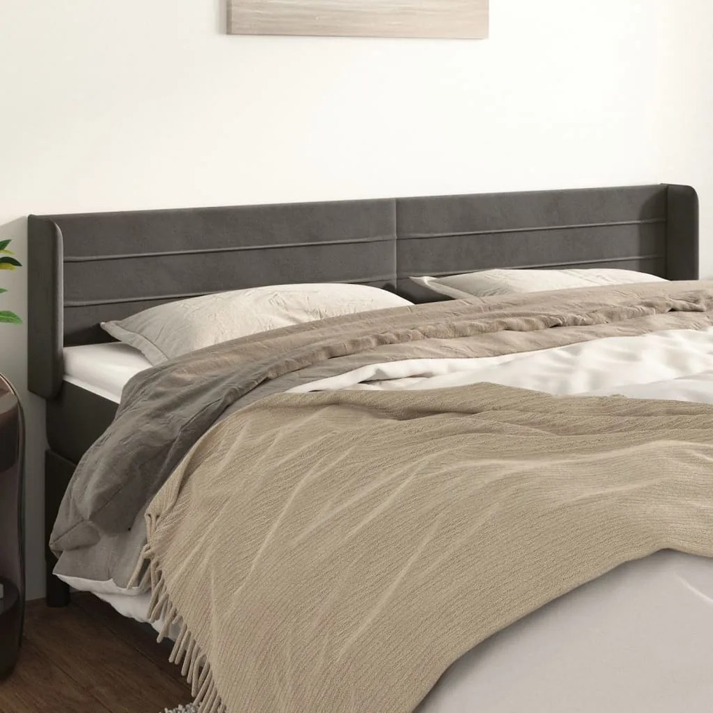 Cabeceira de cama c/ abas veludo 163x16x78/88cm cinzento-escuro