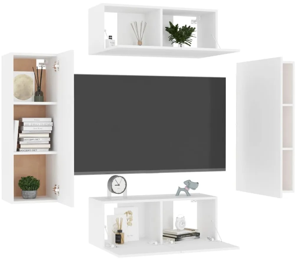 4 pcs conjunto de móveis de TV derivados de madeira branco