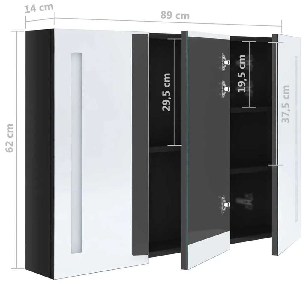 Armário espelhado casa de banho LED 89x14x62 cm preto brilhante