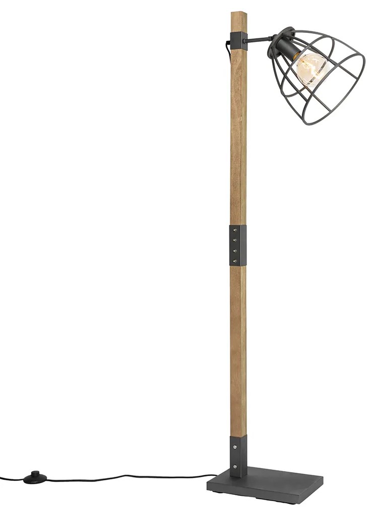 Candeeiro de pé industrial cinzento escuro com madeira - Arthur