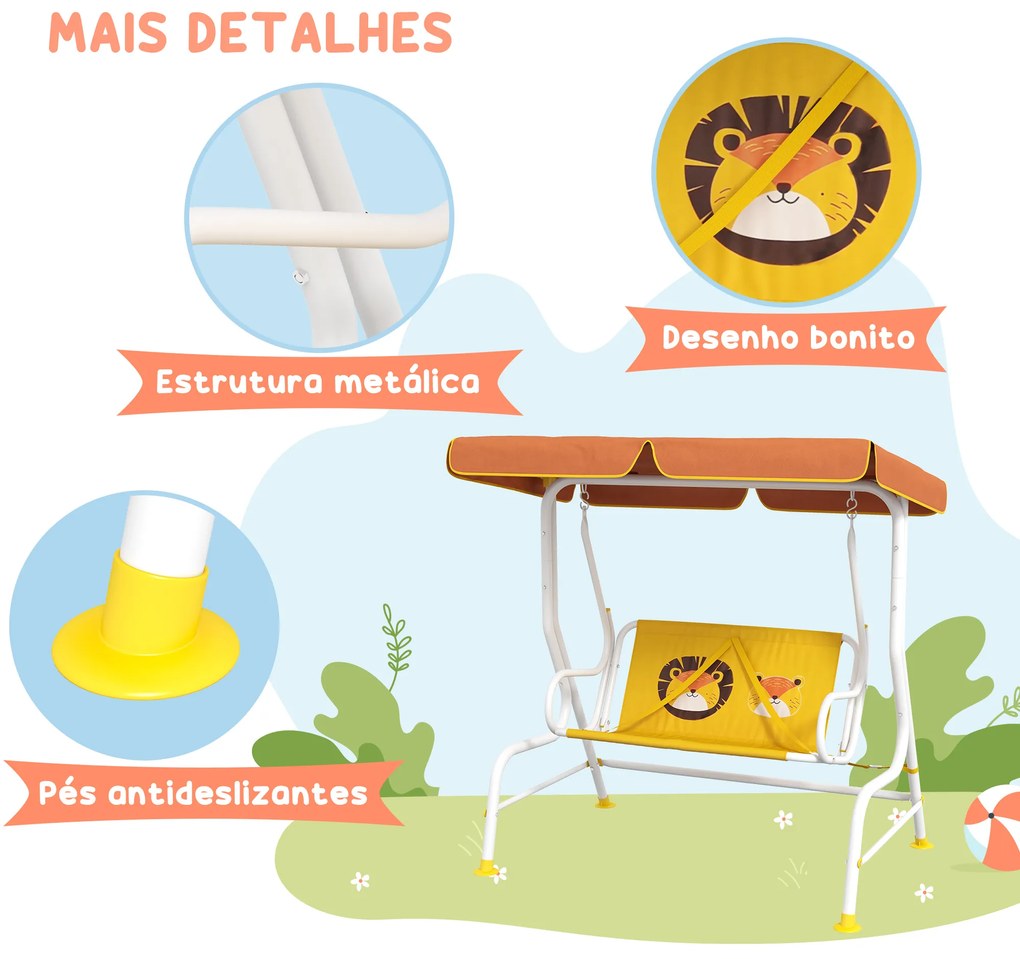 Baloiço de Jardim Infantil de 2 Lugares com Padrão de Leão Carga 60 kg 110x70x110 cm Amarelo