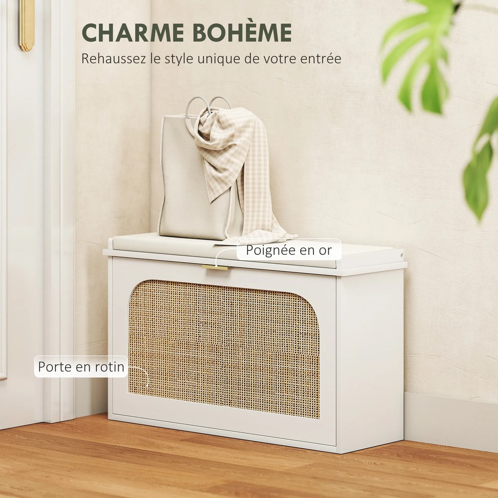 Sapateira 80 x 26 x 47,5 cm Banco para sapatos, assento almofadado, gaveta rebatível, porta em rattan, branco