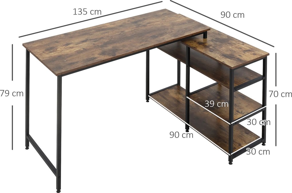 Mesa de escritório de canto, com 3 prateleiras e com acabamento em madeira envelhecida e metal preto