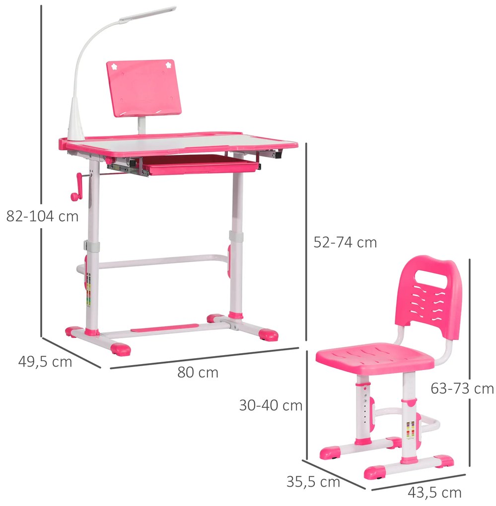 HOMCOM Conjunto de Secretária e Cadeira para Crianças acima de 3 Anos Secretária Infantil com Altura Ajustável Mesa Inclinável Gaveta Lâmpada LED e Suporte para Lápis 80x49,5x80-105cm e 36x34x60-73cm Rosa
