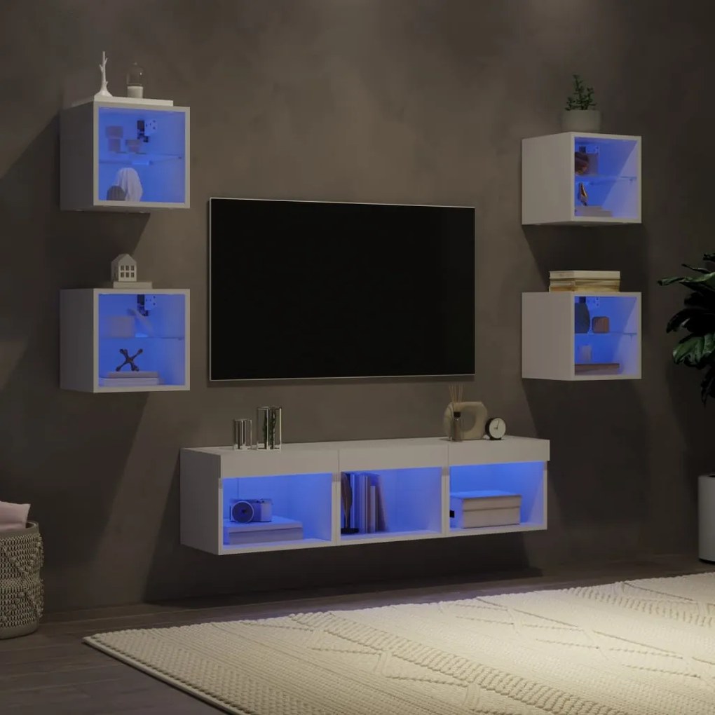 vidaXL 7pcs móveis de parede p/ TV c/ LEDs derivados de madeira branco