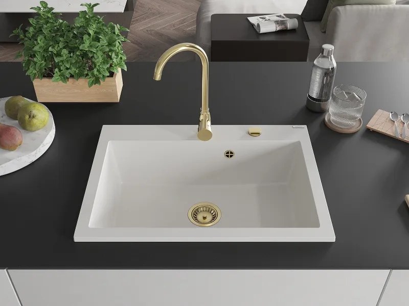 Mexen Elix lava-loiça de granito de 1 bacia 700 x 500 mm, branco, sifão dourado - 6526701005-20-G