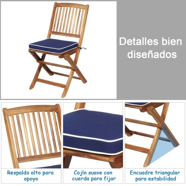 Conjunto 5 Peças Móveis Bistro de Madeira 2 Cadeiras com Almofada Mesa de Madeira de Acácia Mesa de Exterior Dobrável para Terraço Jardim Piscina Azul