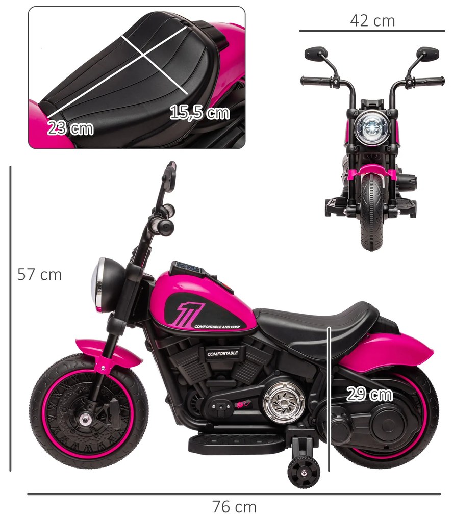 Mota Elétrica para Crianças de 18-36 Meses com Bateria 6V Farol e Rodas Auxiliares Removíveis 76x42x57 cm Rosa