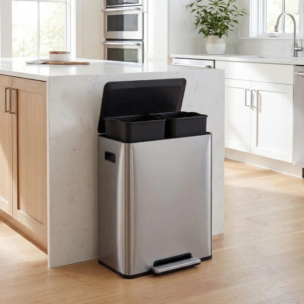Cubo do lixo de 60 L para cozinha 54 x 34 x 67 cm com 2 compartimentos, tampa com pedal e alças laterais Prata