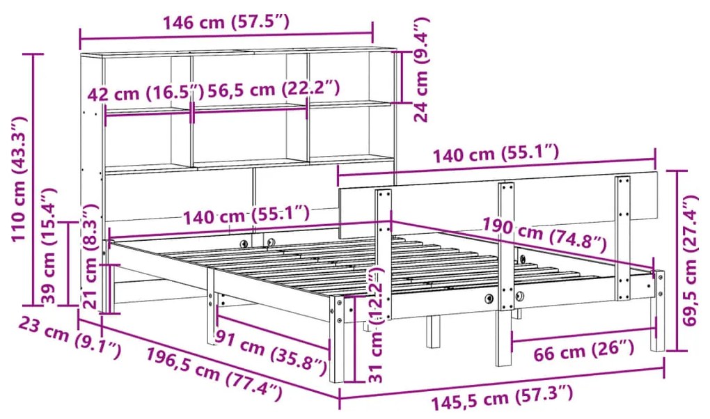 Cama com estante sem colchão 140x190 cm pinho maciço