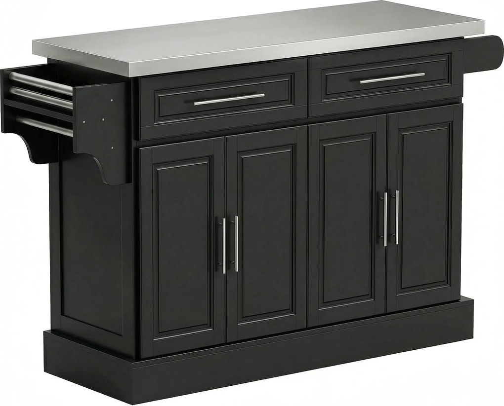 HOMCOM Ilha de Cozinha com Rodas Bancada de Aço Inoxidável 2 Gavetas 4 Portas e 2 Prateleiras Ajustáveis 145x45x93 cm Preto | Aosom Portugal