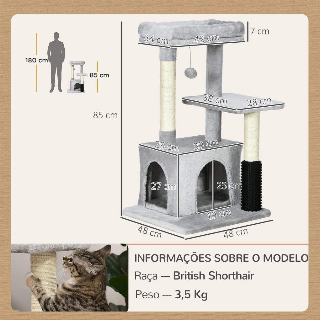 Arranhador para Gatos Médios com Casa Plataforma Bola Brinquedo Arranhador e Postes de Sisal 48x48x85 cm Cinza