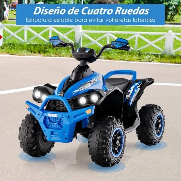 Moto 4 para crianças a bateria 12V com velocidade regulável Luzes LED Música Pedal 3-8 anos 94 x 60 x 73 cm Azul